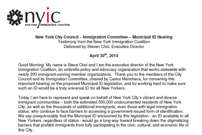 NYIC City Council Testimony on Municipal Identity Cards