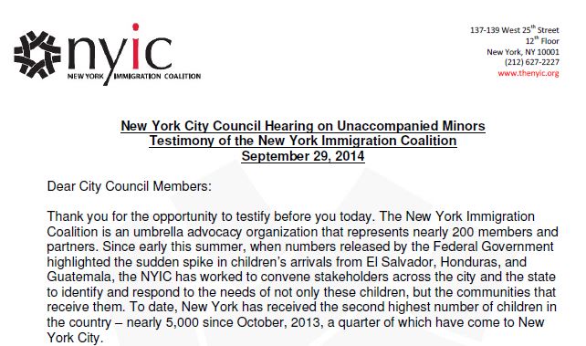 NYIC City Council Testimony on Unaccompanied Minors