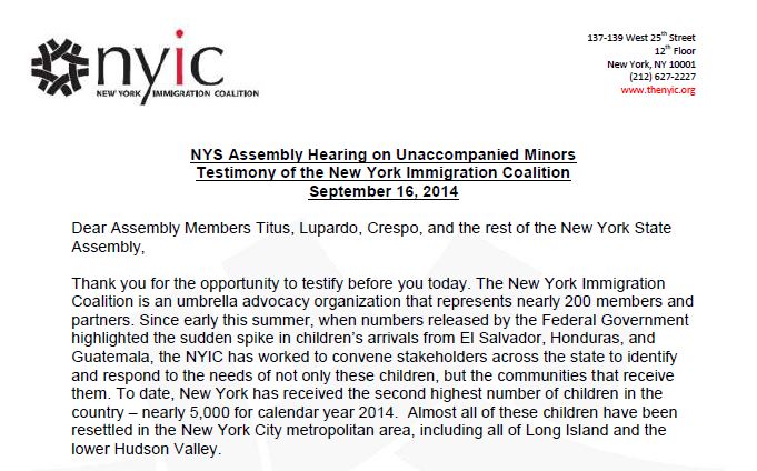 NYIC Testimony at NYS State Assembly on Unaccompanied Minors