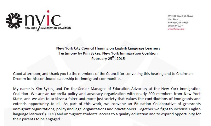 NYIC City Council Testimony on English Language Learners 2-25-15