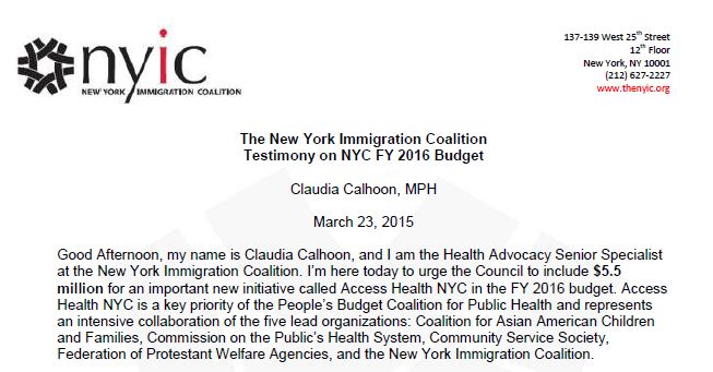 The New York Immigration Coalition Testimony on NYC FY 2016 Budget