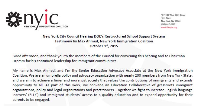 Testimony: NYC Council Hearing DOE’s Restructured School Support System