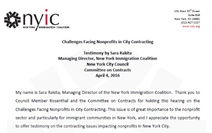 Challenges Facing Nonprofits in City Contracting – NYIC Testimony at NYC City Council